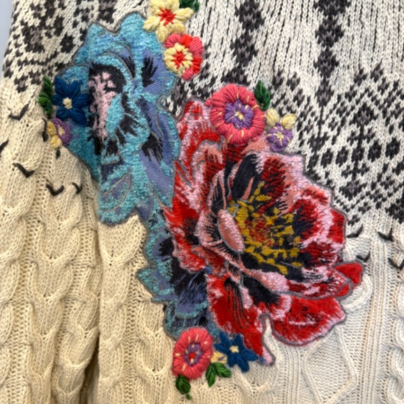 Anthropologie Cable Knit Fair Isle Sweater with Gorgeous Floral Accent - Picture 4 of 4